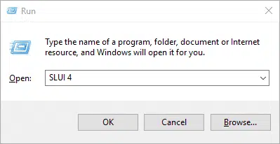 Windows Run dialog with SLUI 4 command
