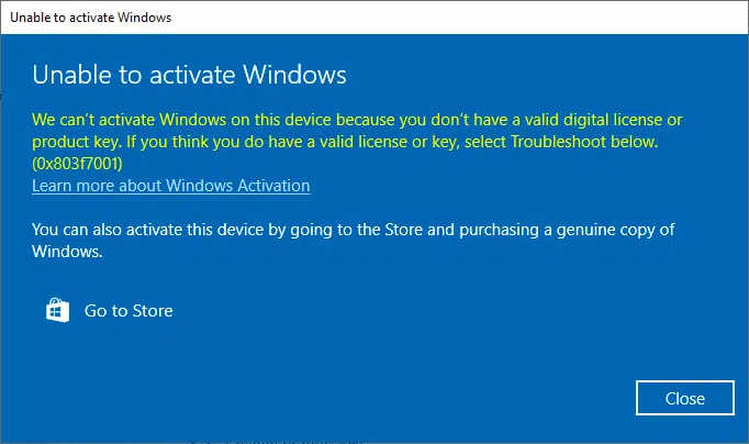 Windows activation error code 0x803F7001