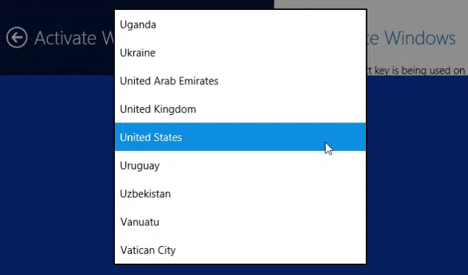 Activate windows 10 by Phone Guide - Select country