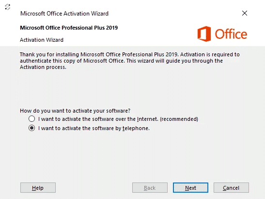 Office activation dialog - Method 2 Step 1